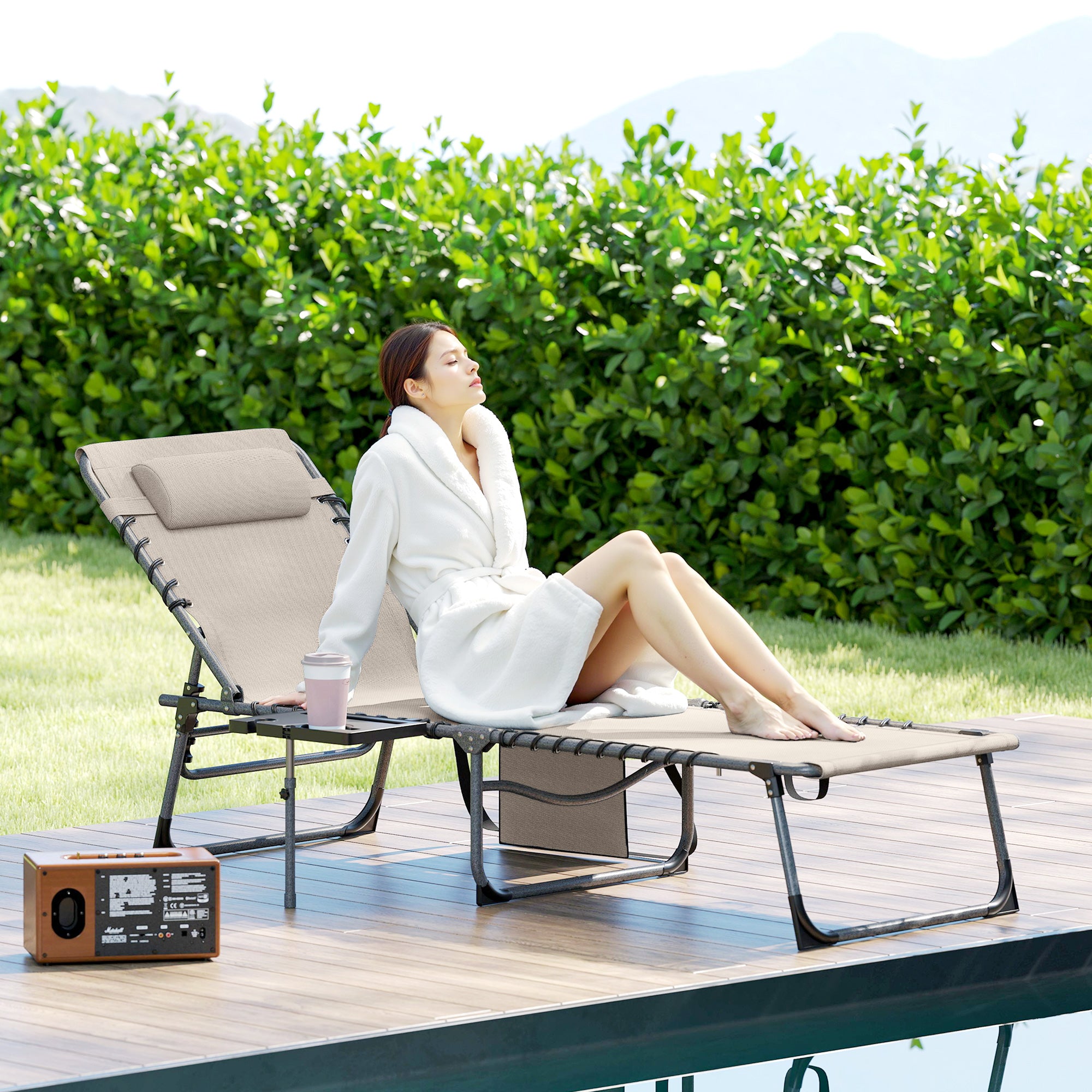 Foldable Sunlounger Outdoor Garden Lounger with Adjustable Backrest Headrest Side Pocket Tray Steel Frame 120 kg Load for Patio Pool Beach 190x60x31 cm Cream