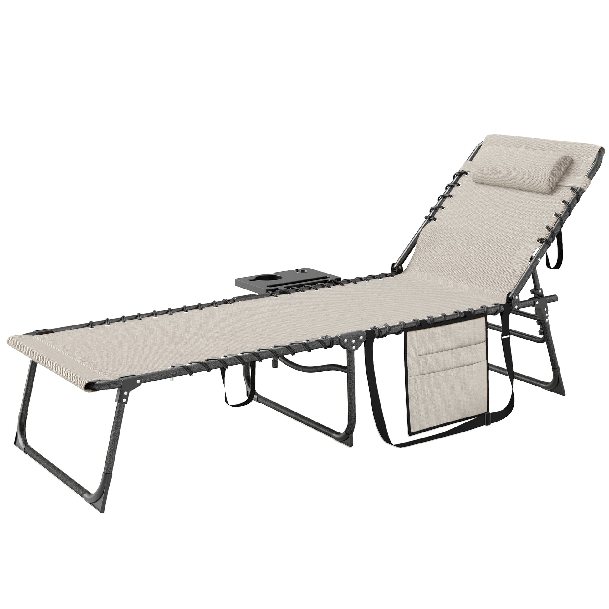 Foldable Sunlounger Outdoor Garden Lounger with Adjustable Backrest Headrest Side Pocket Tray Steel Frame 120 kg Load for Patio Pool Beach 190x60x31 cm Cream