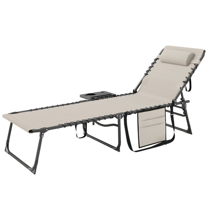 Foldable Sunlounger Outdoor Garden Lounger with Adjustable Backrest Headrest Side Pocket Tray Steel Frame 120 kg Load for Patio Pool Beach 190x60x31 cm Cream
