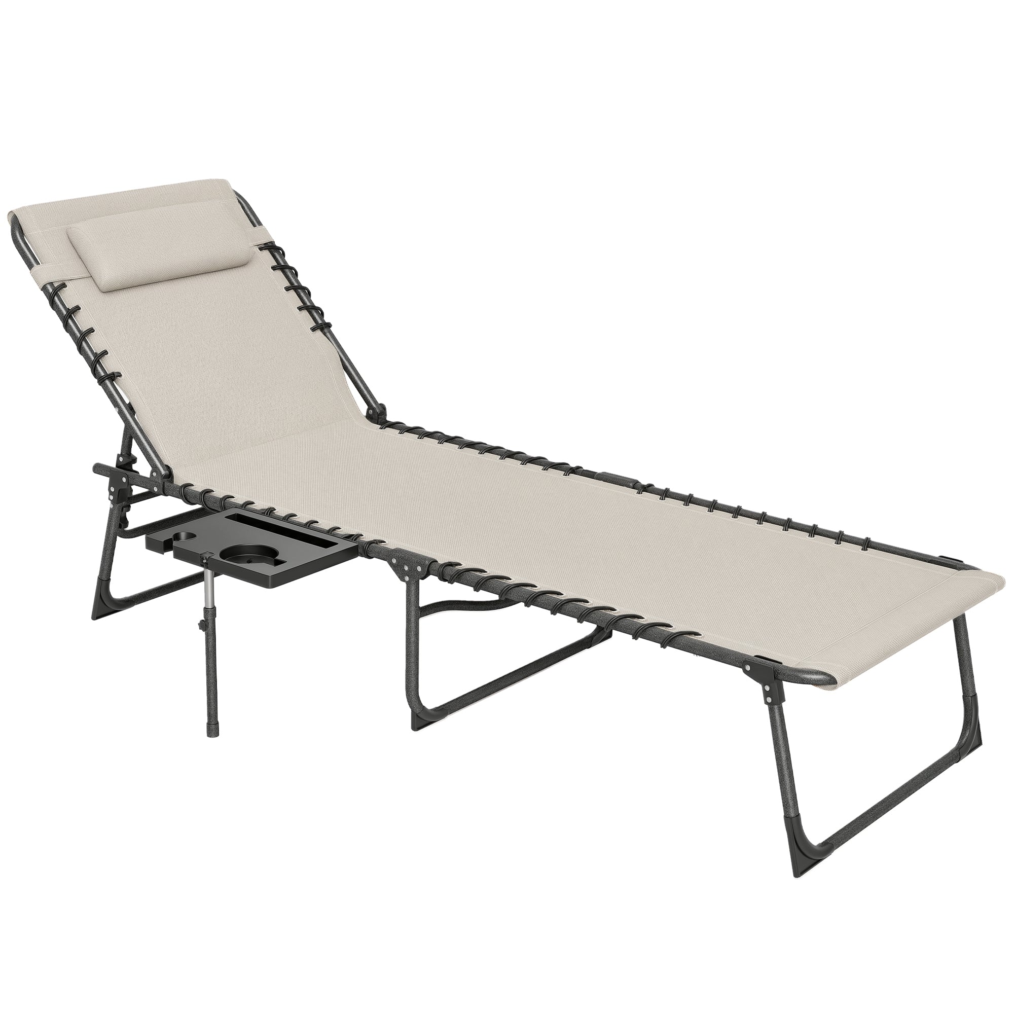 Foldable Sunlounger Outdoor Garden Lounger with Adjustable Backrest Headrest Side Pocket Tray Steel Frame 120 kg Load for Patio Pool Beach 190x60x31 cm Cream