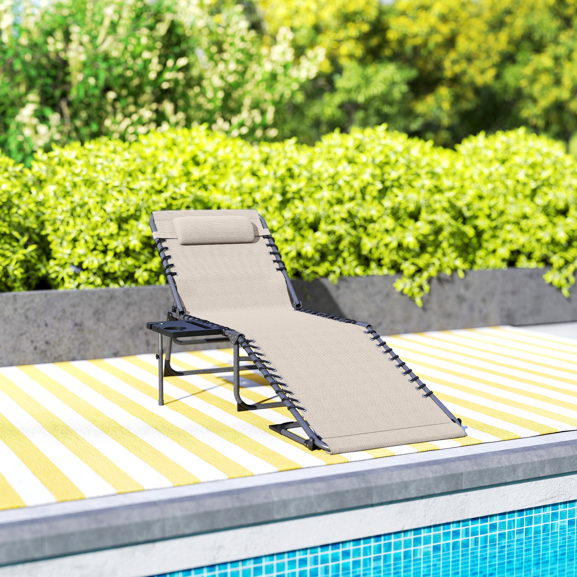 Foldable Sunlounger Outdoor Garden Lounger with Adjustable Backrest Headrest Side Pocket Tray Steel Frame 120 kg Load for Patio Pool Beach 190x60x31 cm Cream
