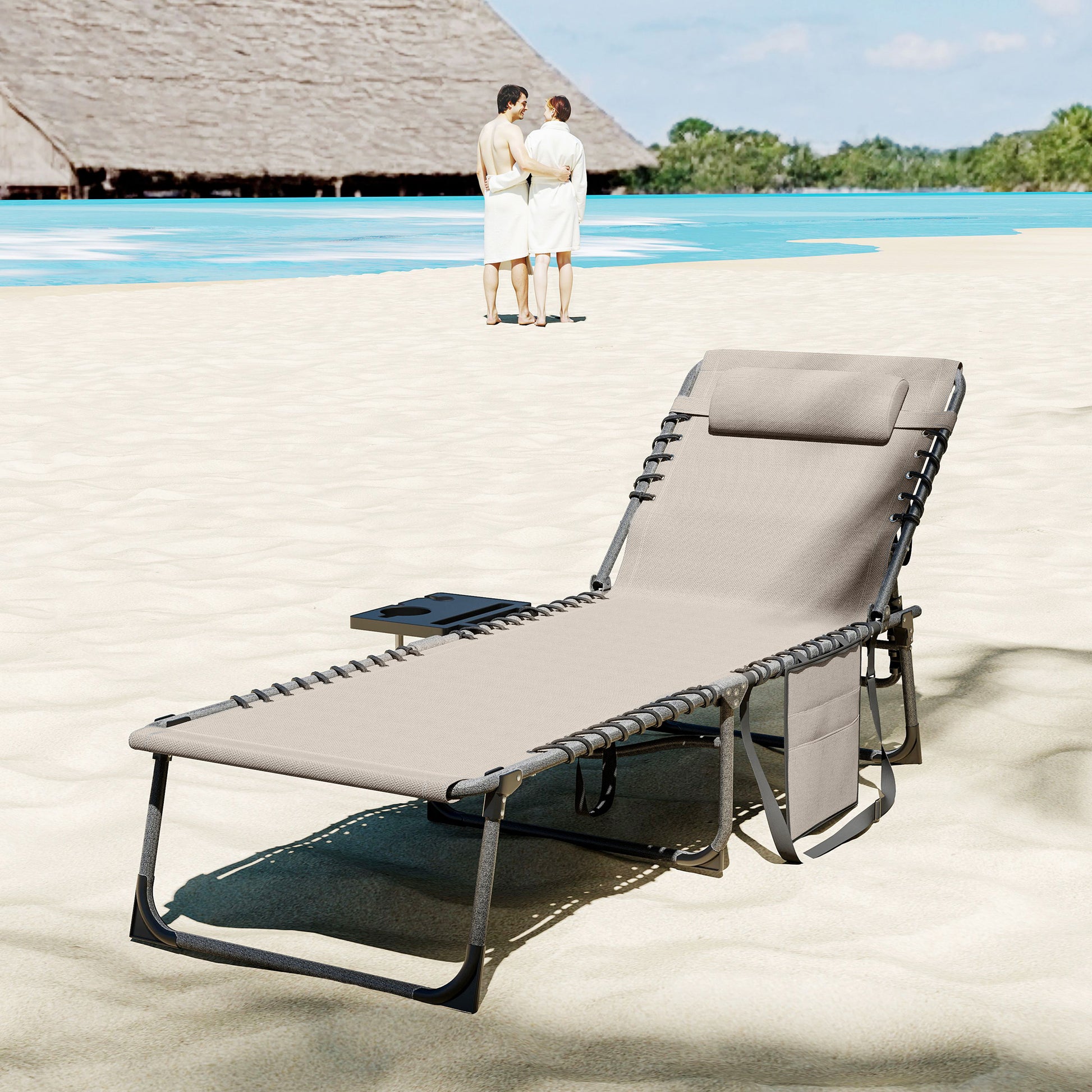 Foldable Sunlounger Outdoor Garden Lounger with Adjustable Backrest Headrest Side Pocket Tray Steel Frame 120 kg Load for Patio Pool Beach 190x60x31 cm Cream