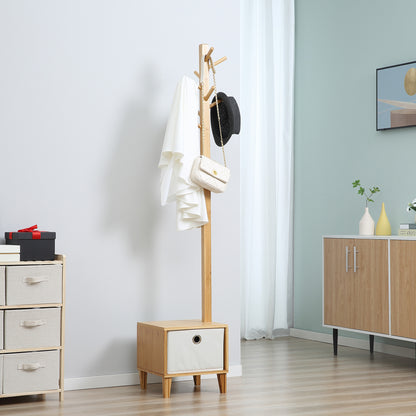 3-in-1 Scandinavian-style storage unit with drawer, coat rack bench in light grey polyester and solid bamboo wood