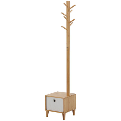 3-in-1 Scandinavian-style storage unit with drawer, coat rack bench in light grey polyester and solid bamboo wood
