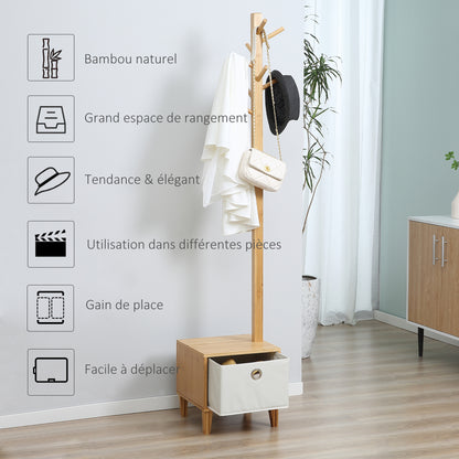 3-in-1 Scandinavian-style storage unit with drawer, coat rack bench in light grey polyester and solid bamboo wood