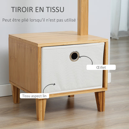 3-in-1 Scandinavian-style storage unit with drawer, coat rack bench in light grey polyester and solid bamboo wood