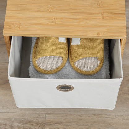 3-in-1 Scandinavian-style storage unit with drawer, coat rack bench in light grey polyester and solid bamboo wood