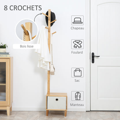 3-in-1 Scandinavian-style storage unit with drawer, coat rack bench in light grey polyester and solid bamboo wood