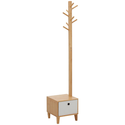 3-in-1 Scandinavian-style storage unit with drawer, coat rack bench in light grey polyester and solid bamboo wood