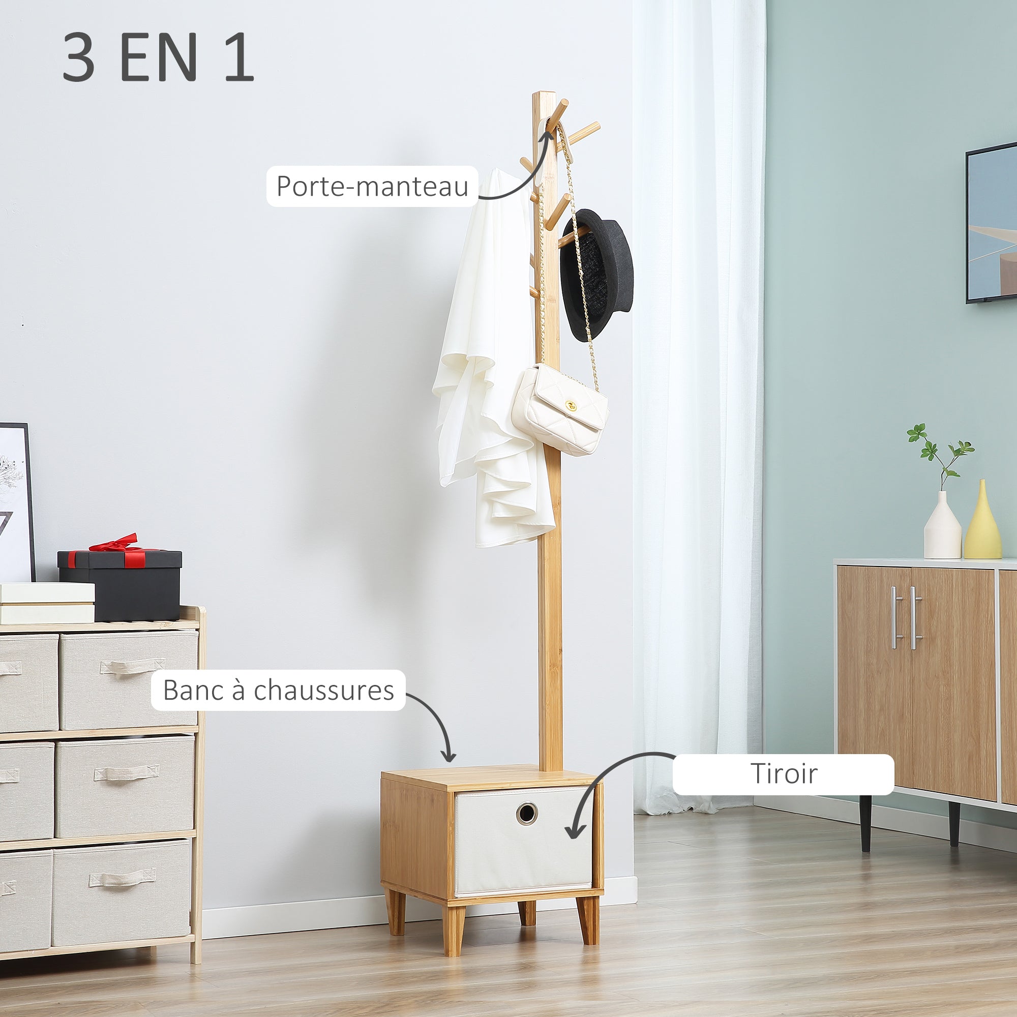 3-in-1 Scandinavian-style storage unit with drawer, coat rack bench in light grey polyester and solid bamboo wood