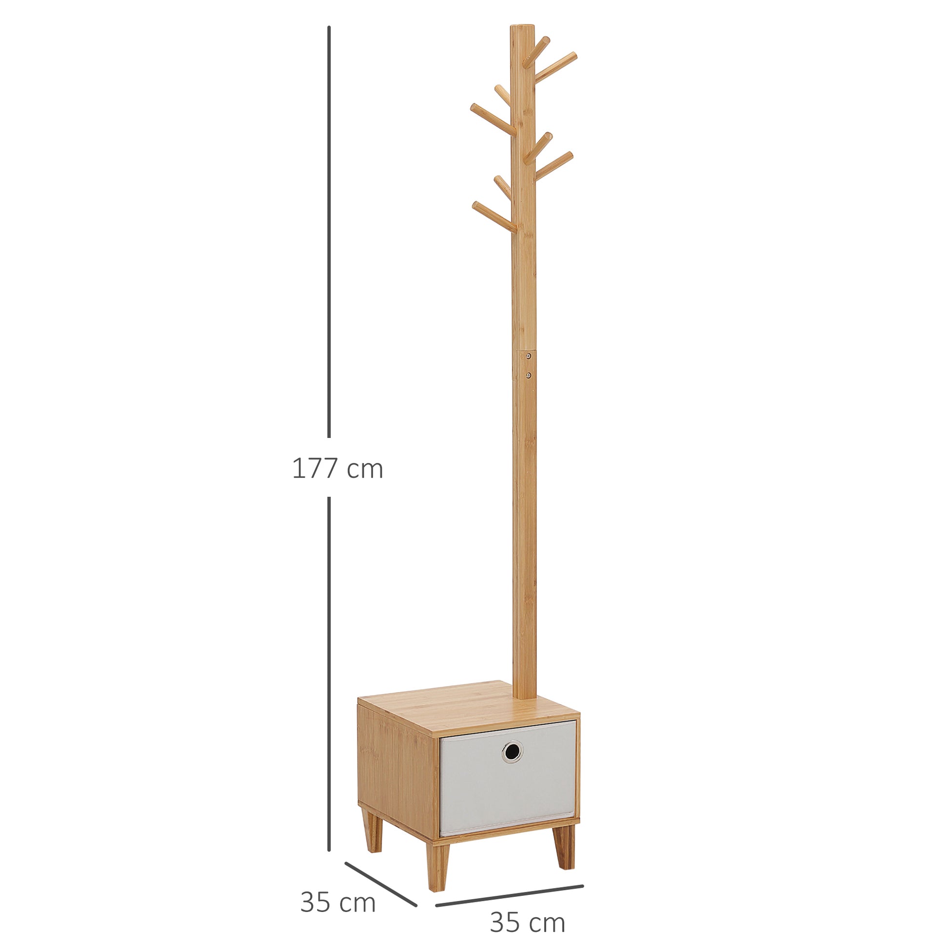 3-in-1 Scandinavian-style storage unit with drawer, coat rack bench in light grey polyester and solid bamboo wood