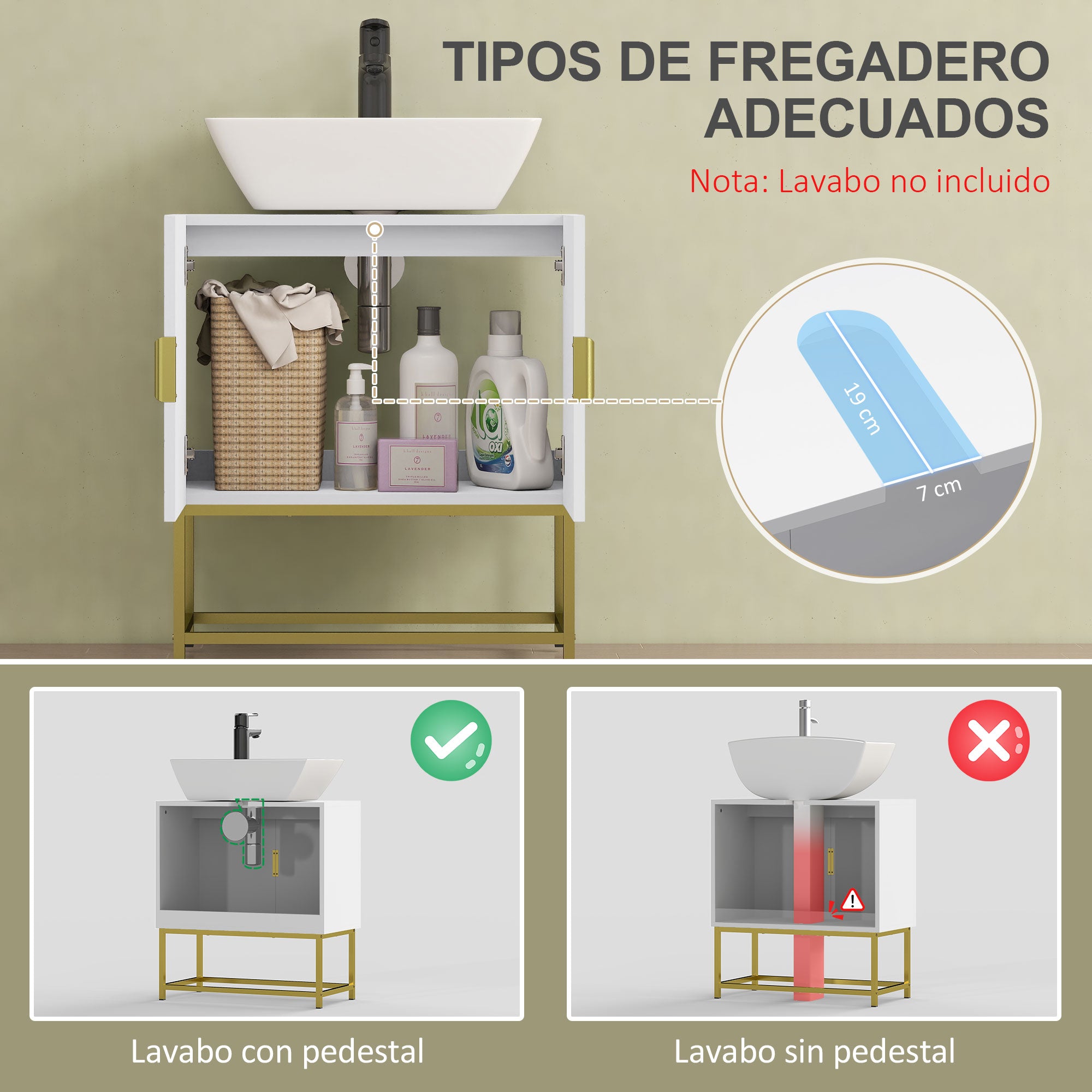 Under Sink Cabinet Bathroom Vanity Modern Cabinet with 2 Doors and Golden Steel Legs 60x30x65 cm White
