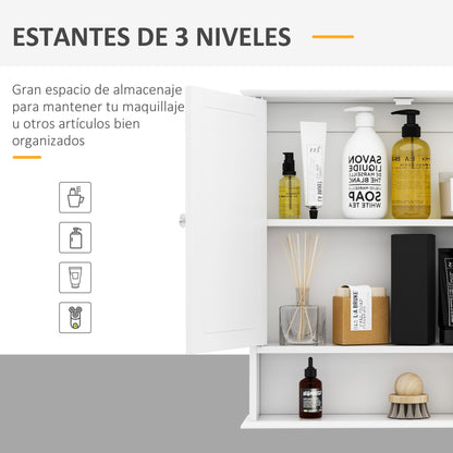 Bathroom Mirror Wall Cabinet with 2 Doors 3-Level Cabinet for Storage Wall Cabinet for Kitchen Bathroom Living Room Strong and Easy to Clean MDF Board White 56x13x58cm