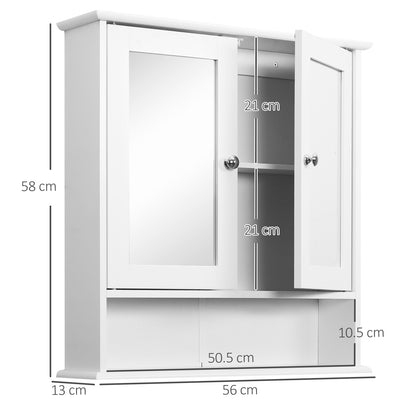 Bathroom Mirror Wall Cabinet with 2 Doors 3-Level Cabinet for Storage Wall Cabinet for Kitchen Bathroom Living Room Strong and Easy to Clean MDF Board White 56x13x58cm