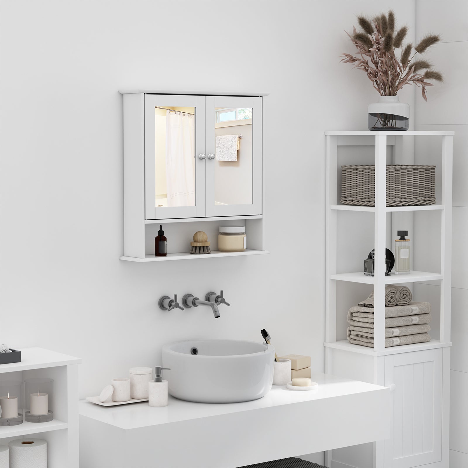 Bathroom Mirror Wall Cabinet with 2 Doors 3-Level Cabinet for Storage Wall Cabinet for Kitchen Bathroom Living Room Strong and Easy to Clean MDF Board White 56x13x58cm