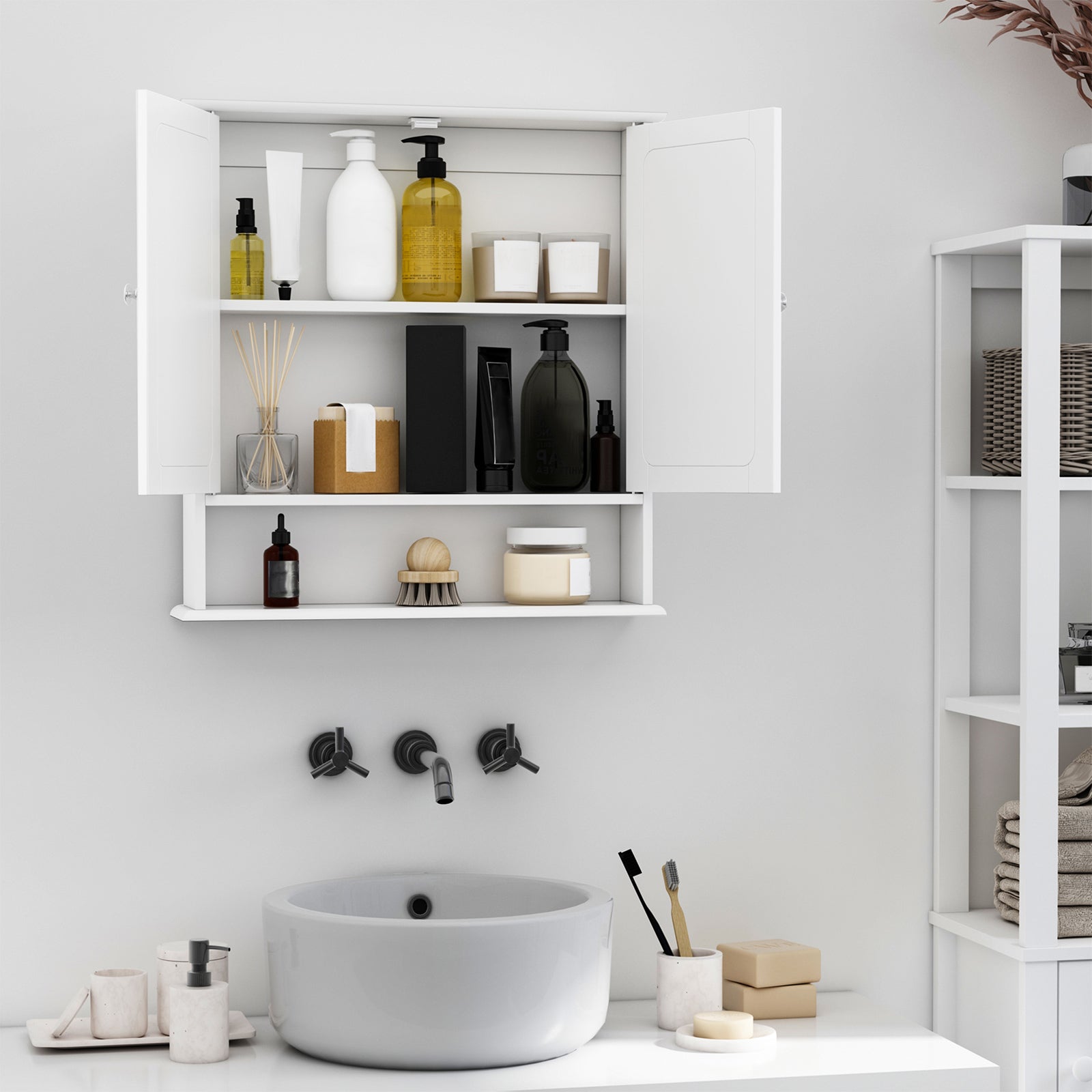 Bathroom Mirror Wall Cabinet with 2 Doors 3-Level Cabinet for Storage Wall Cabinet for Kitchen Bathroom Living Room Strong and Easy to Clean MDF Board White 56x13x58cm