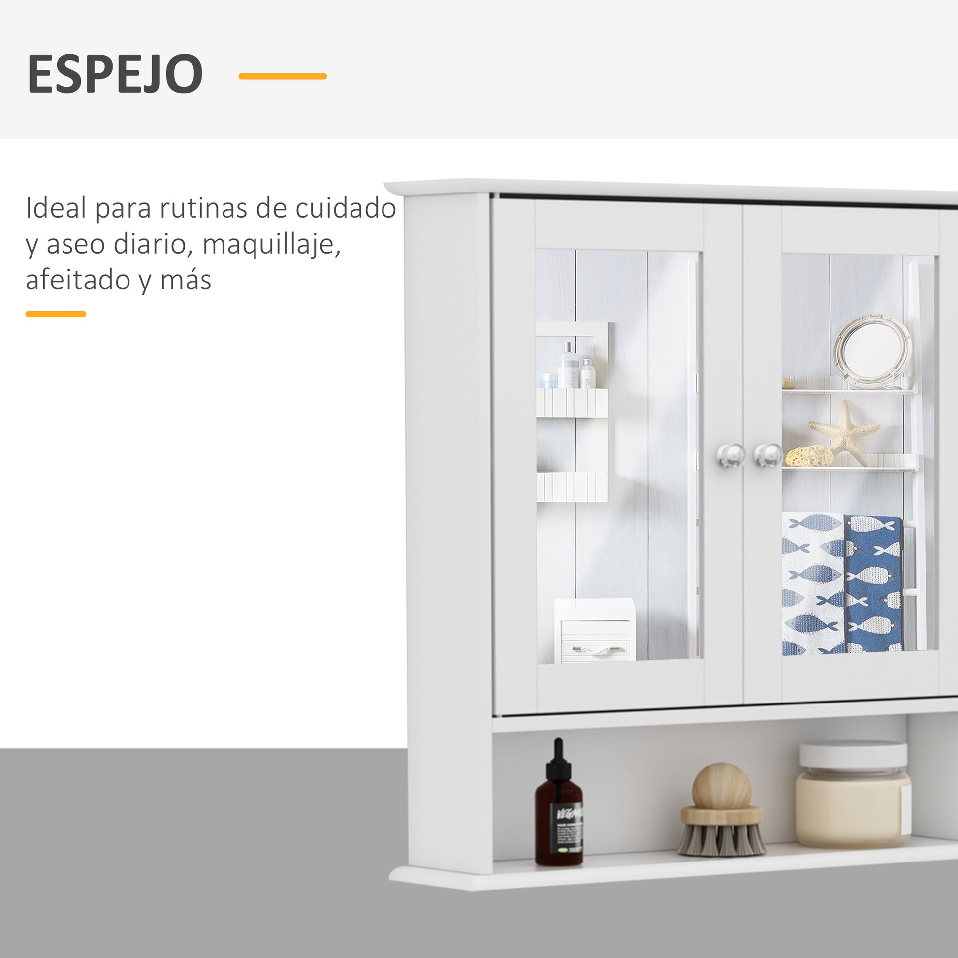 Bathroom Mirror Wall Cabinet with 2 Doors 3-Level Cabinet for Storage Wall Cabinet for Kitchen Bathroom Living Room Strong and Easy to Clean MDF Board White 56x13x58cm