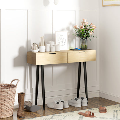 Console Table Entryway Furniture with 2 Drawers and Steel Legs Console Table Entryway Hallway 100x30x80.5 cm Oak