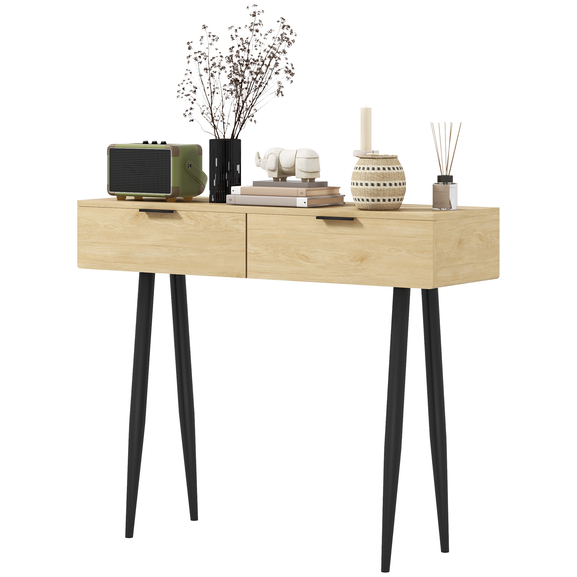 Console Table Entryway Furniture with 2 Drawers and Steel Legs Console Table Entryway Hallway 100x30x80.5 cm Oak