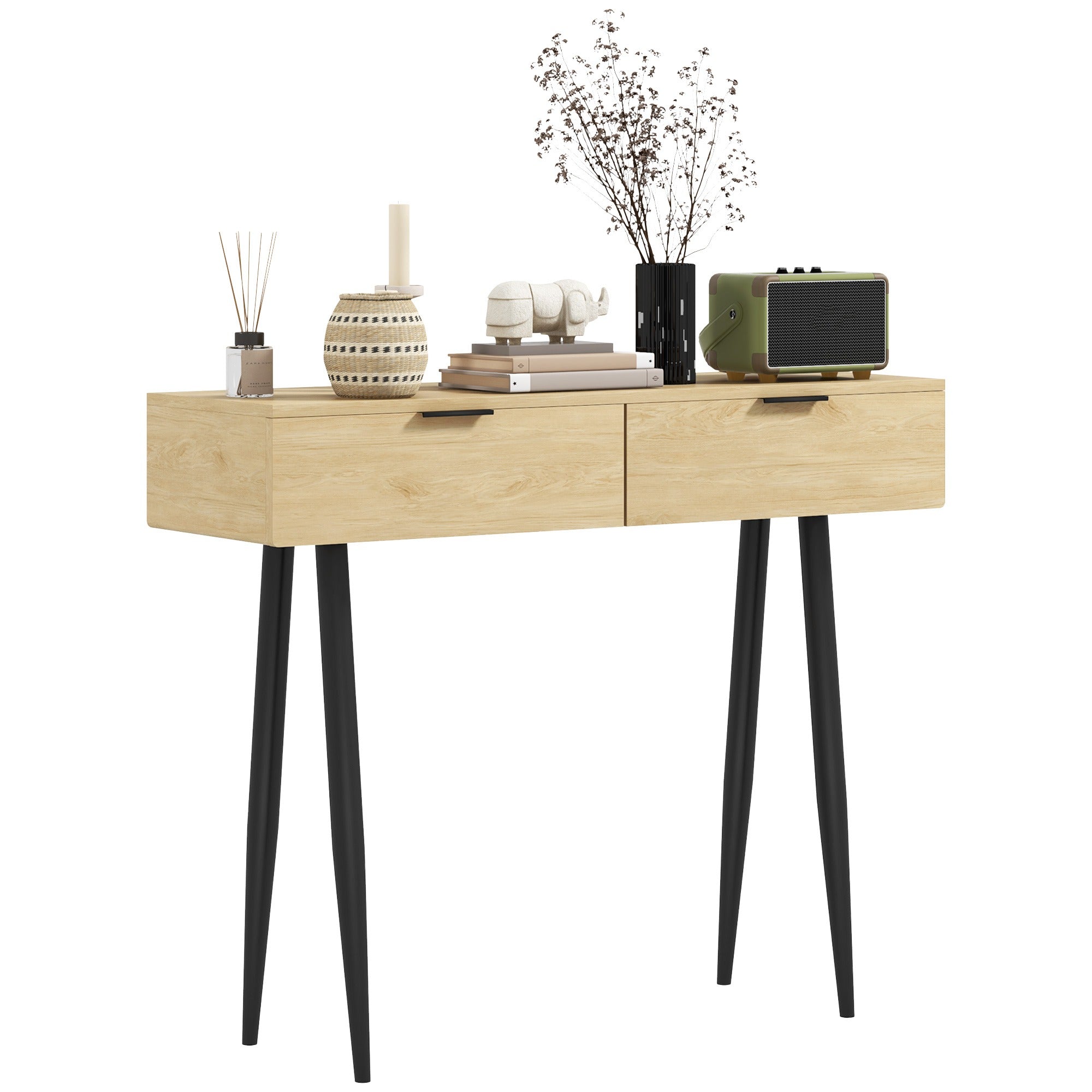 Console Table Entryway Furniture with 2 Drawers and Steel Legs Console Table Entryway Hallway 100x30x80.5 cm Oak