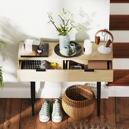 Console Table Entryway Furniture with 2 Drawers and Steel Legs Console Table Entryway Hallway 100x30x80.5 cm Oak
