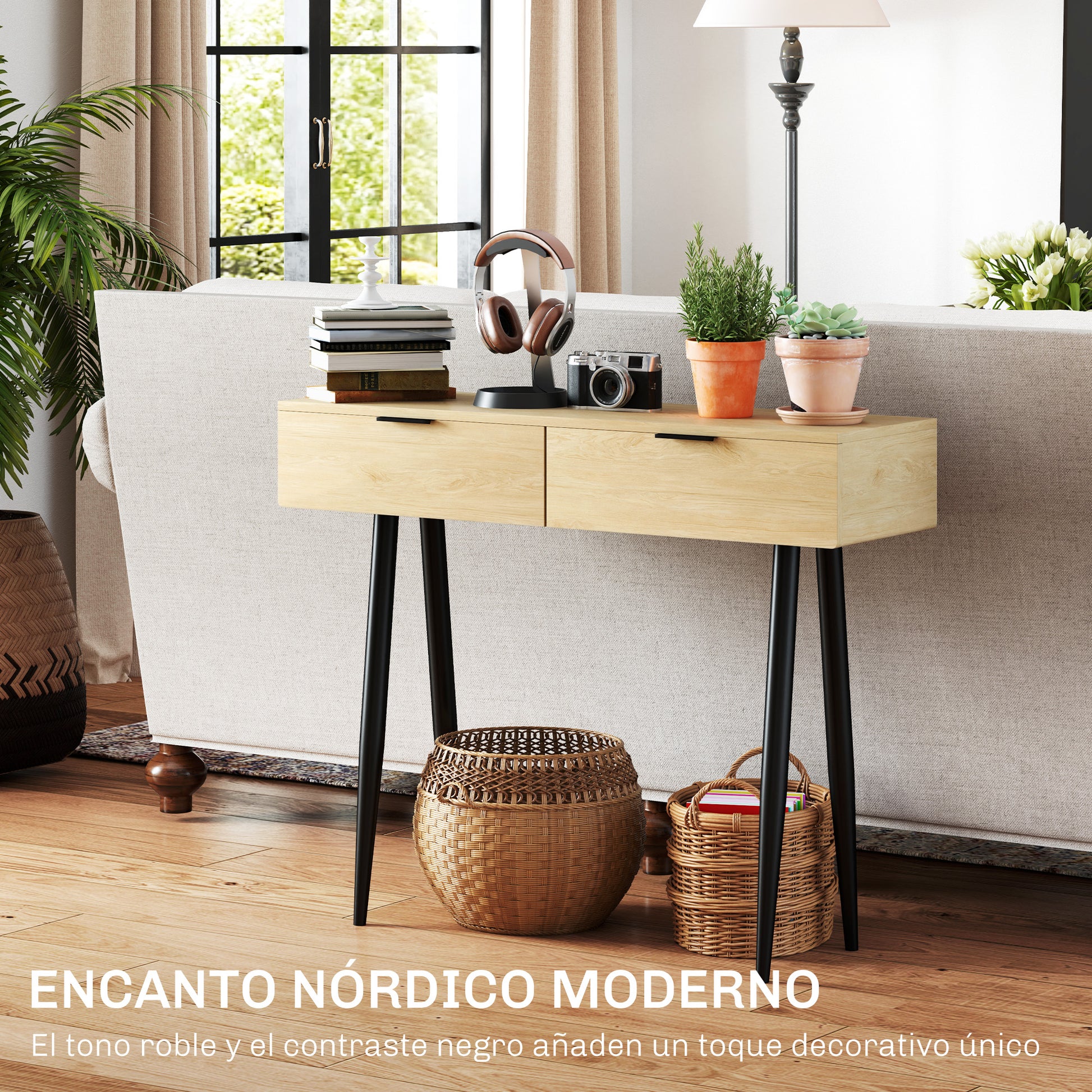 Console Table Entryway Furniture with 2 Drawers and Steel Legs Console Table Entryway Hallway 100x30x80.5 cm Oak