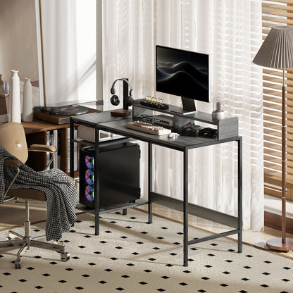 Modern Desk Writing Table with Side Shelves Adjustable Monitor Stand and Mobile Structure Computer Desk for Office Study 120x48x85.5 cm Charcoal Gray