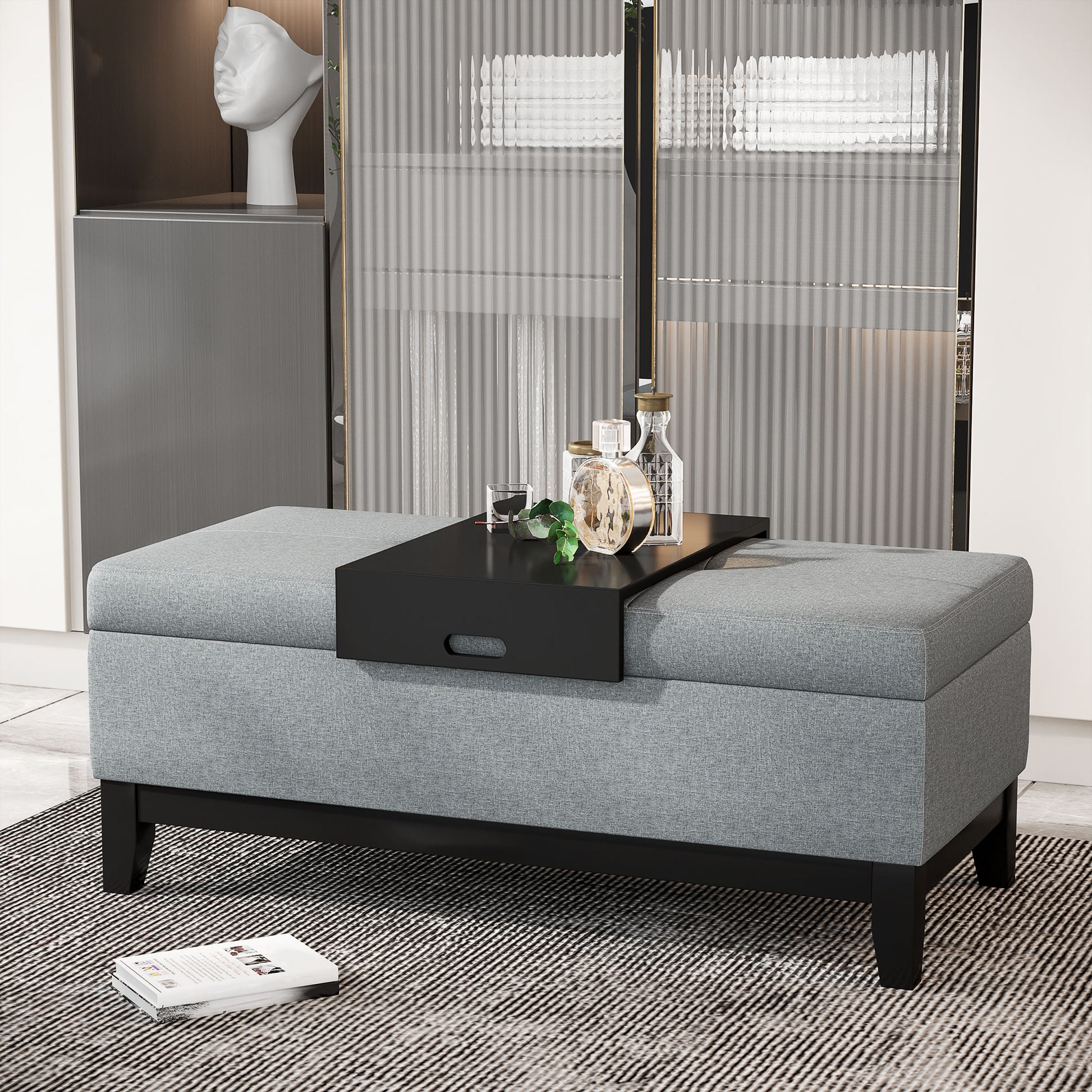 Storage Bench with Removable Tray Upholstered Ottoman with Linen Look, Storage Chest with Wooden Legs, Bedroom Bench for Living Room Bedroom Entryway 107 x 50 x 44 cm, Dark Gray