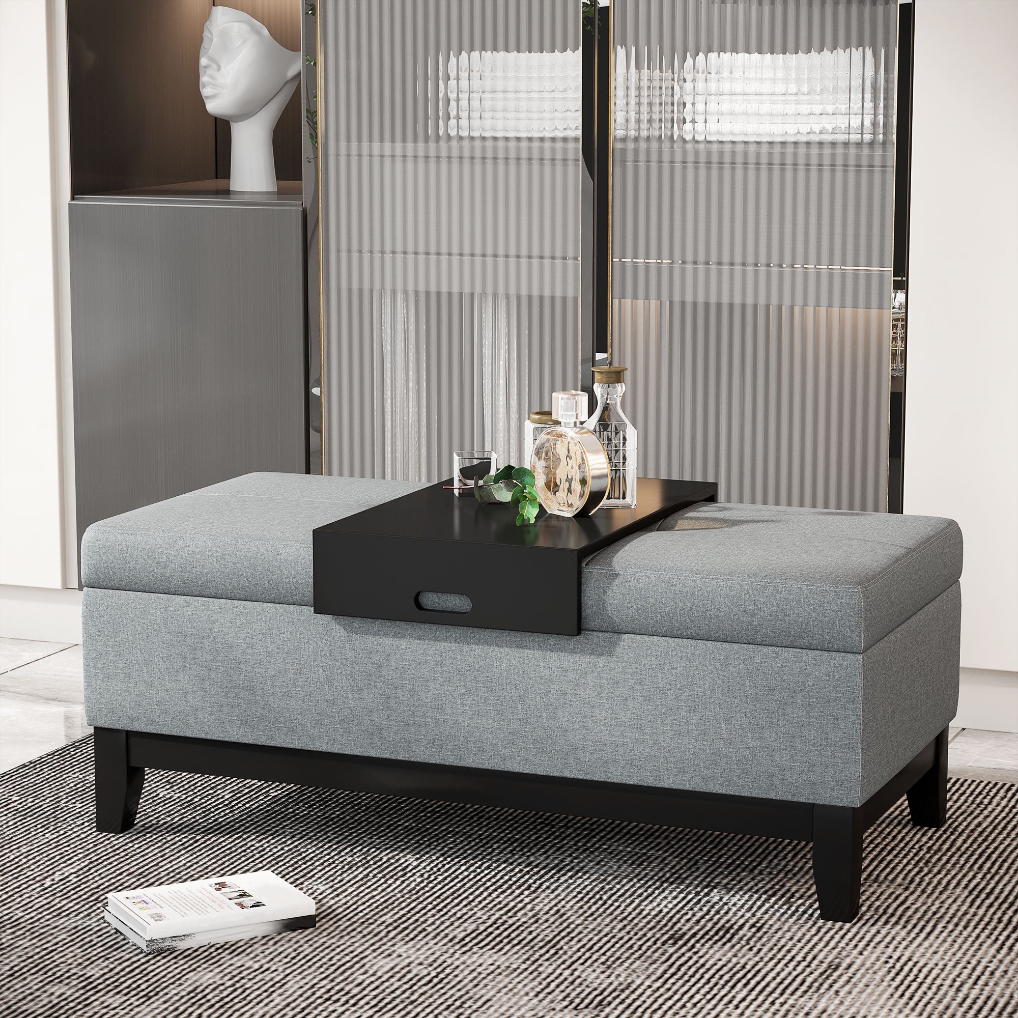 Storage Bench with Removable Tray Upholstered Ottoman with Linen Look, Storage Chest with Wooden Legs, Bedroom Bench for Living Room Bedroom Entryway 107 x 50 x 44 cm, Dark Gray