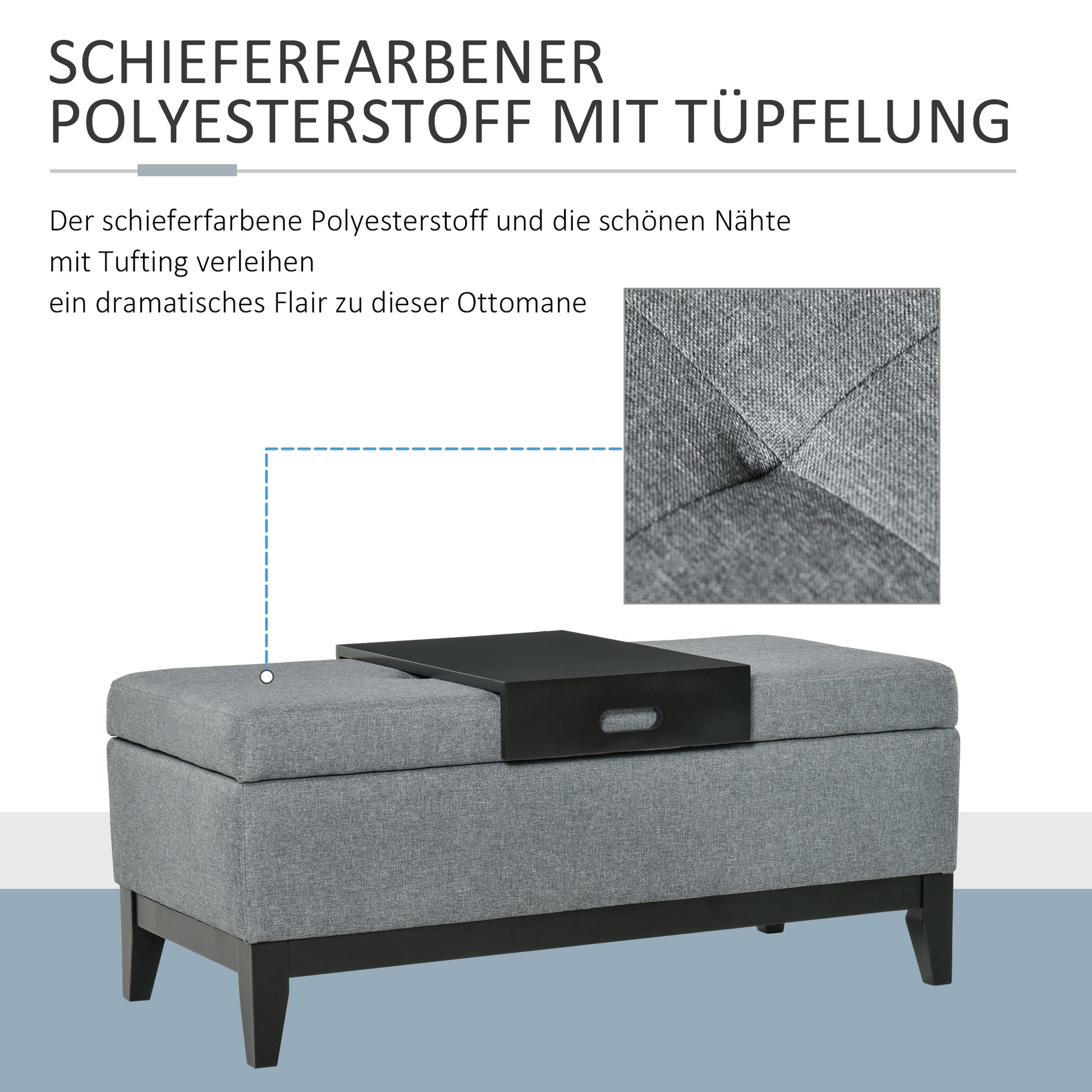 Storage Bench with Removable Tray Upholstered Ottoman with Linen Look, Storage Chest with Wooden Legs, Bedroom Bench for Living Room Bedroom Entryway 107 x 50 x 44 cm, Dark Gray