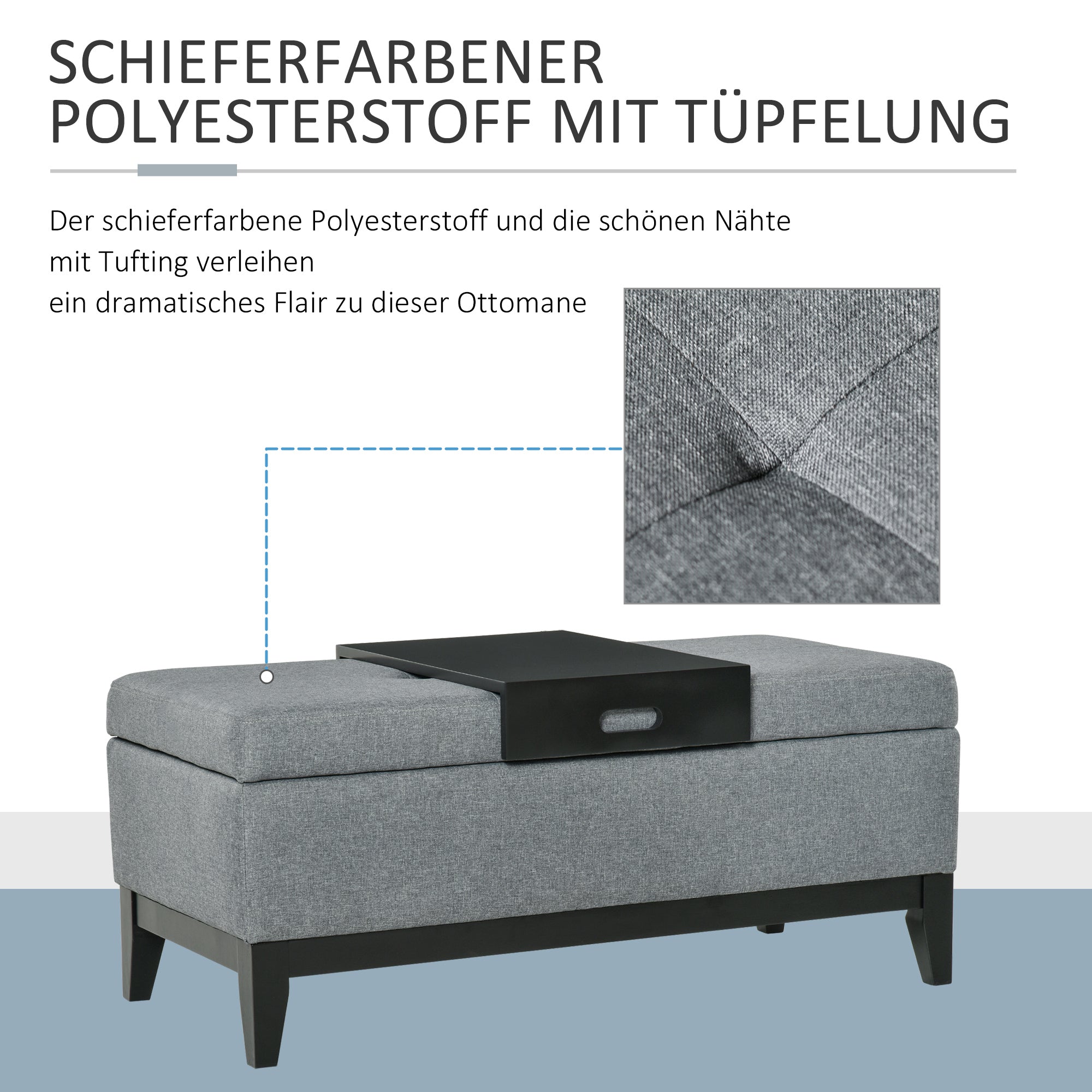 Storage Bench with Removable Tray Upholstered Ottoman with Linen Look, Storage Chest with Wooden Legs, Bedroom Bench for Living Room Bedroom Entryway 107 x 50 x 44 cm, Dark Gray