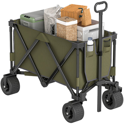 Folding Cart, Transport Wagon with Adjustable Handle, Beach Wagon with Pockets, Garden Cart with Wide Swivel Wheels, Supports up to 120 kg, Green