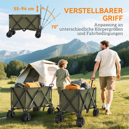 Folding Cart, Transport Wagon with Adjustable Handle, Beach Wagon with Pockets, Garden Cart with Wide Swivel Wheels, Supports up to 120 kg, Green