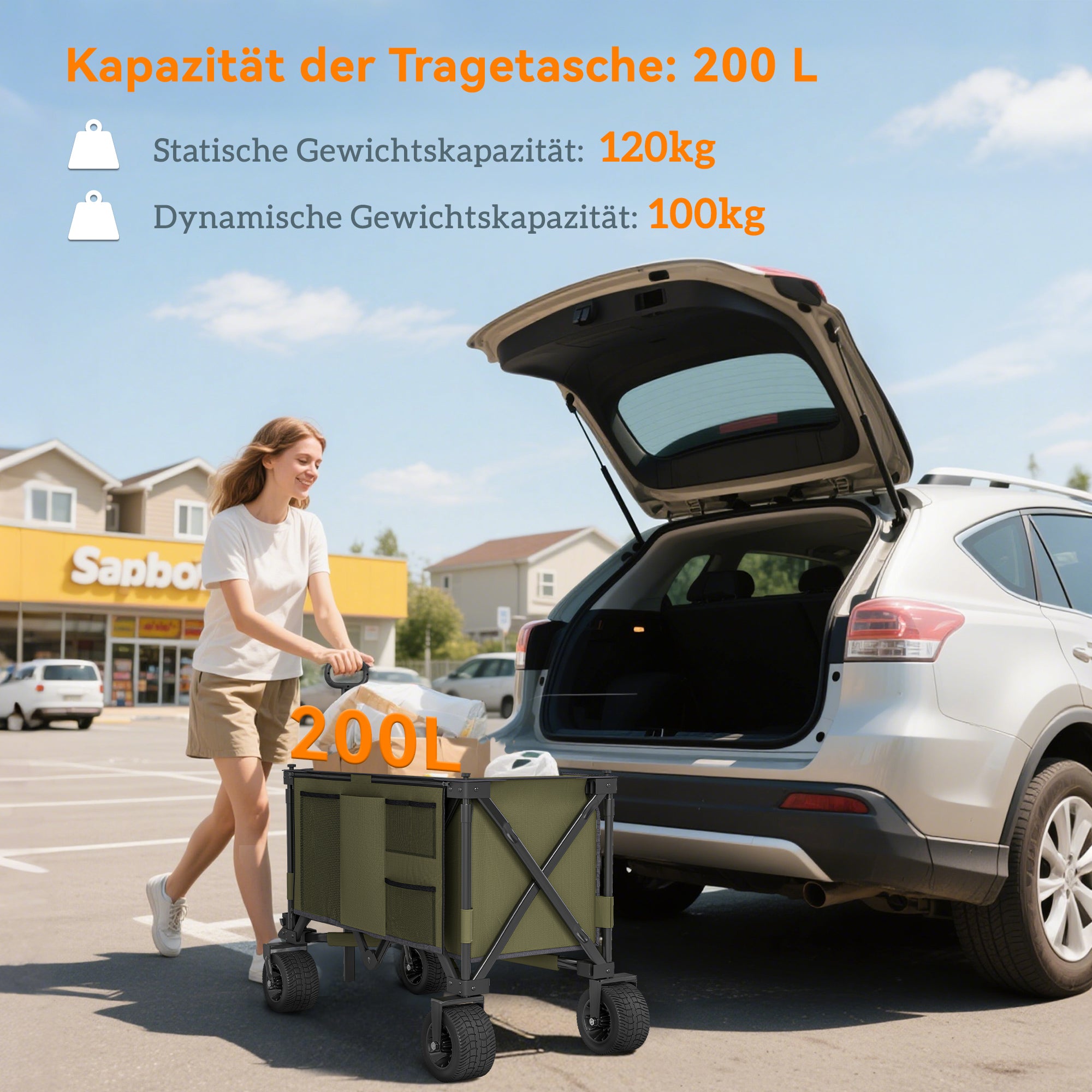 Folding Cart, Transport Wagon with Adjustable Handle, Beach Wagon with Pockets, Garden Cart with Wide Swivel Wheels, Supports up to 120 kg, Green