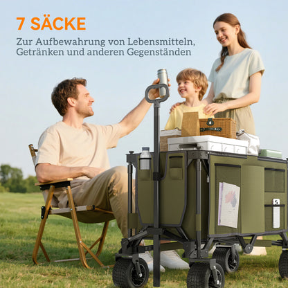 Folding Cart, Transport Wagon with Adjustable Handle, Beach Wagon with Pockets, Garden Cart with Wide Swivel Wheels, Supports up to 120 kg, Green