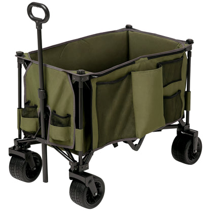 Folding Cart, Transport Wagon with Adjustable Handle, Beach Wagon with Pockets, Garden Cart with Wide Swivel Wheels, Supports up to 120 kg, Green