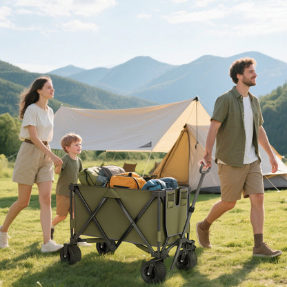 Folding Cart, Transport Wagon with Adjustable Handle, Beach Wagon with Pockets, Garden Cart with Wide Swivel Wheels, Supports up to 120 kg, Green