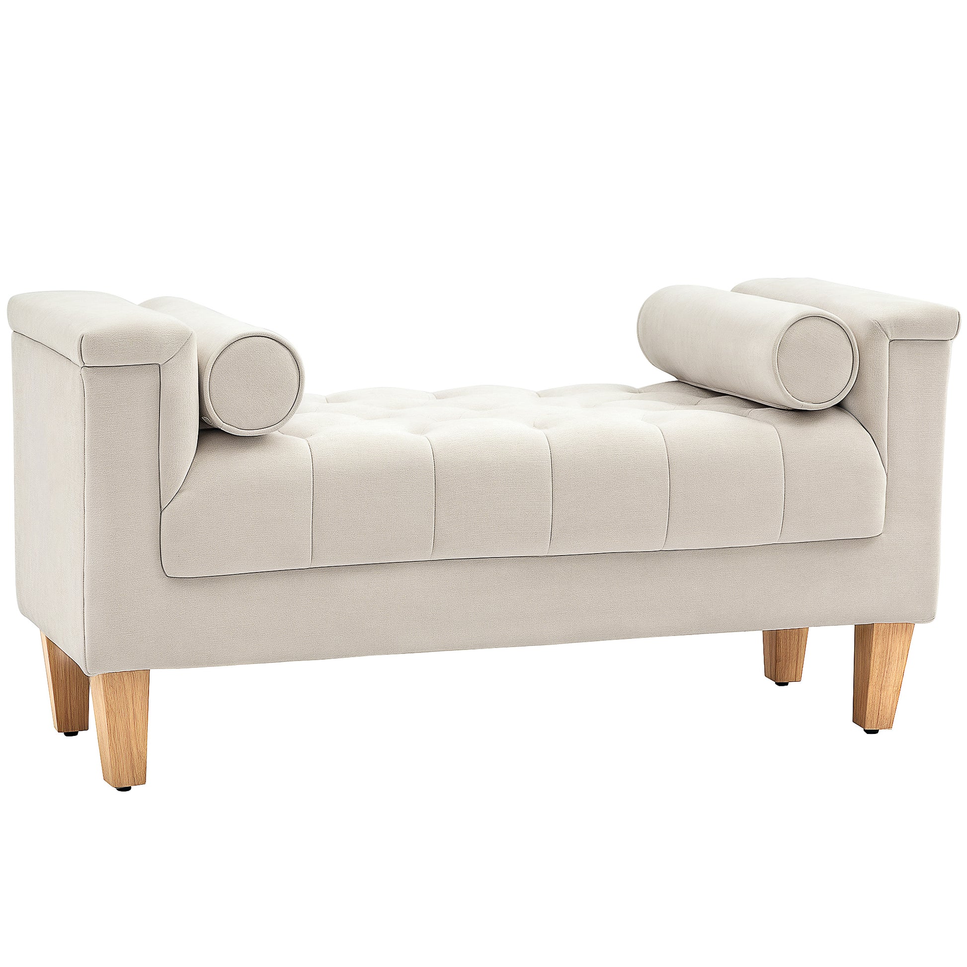 Upholstered Bench with Chenille Fabric, Armrest Bed Bench with 2 Cylinder Cushions, Wood Frame, Shoe Bench for Bedroom, Living Room, Hallway 115 x 44 x 58 cm Beige