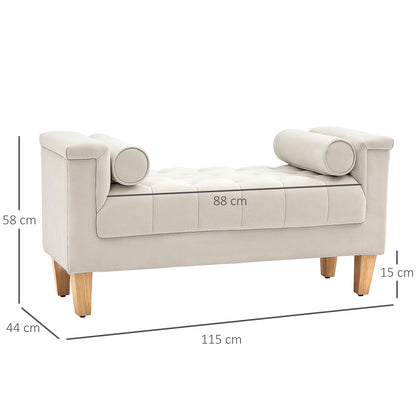 Upholstered Bench with Chenille Fabric, Armrest Bed Bench with 2 Cylinder Cushions, Wood Frame, Shoe Bench for Bedroom, Living Room, Hallway 115 x 44 x 58 cm Beige