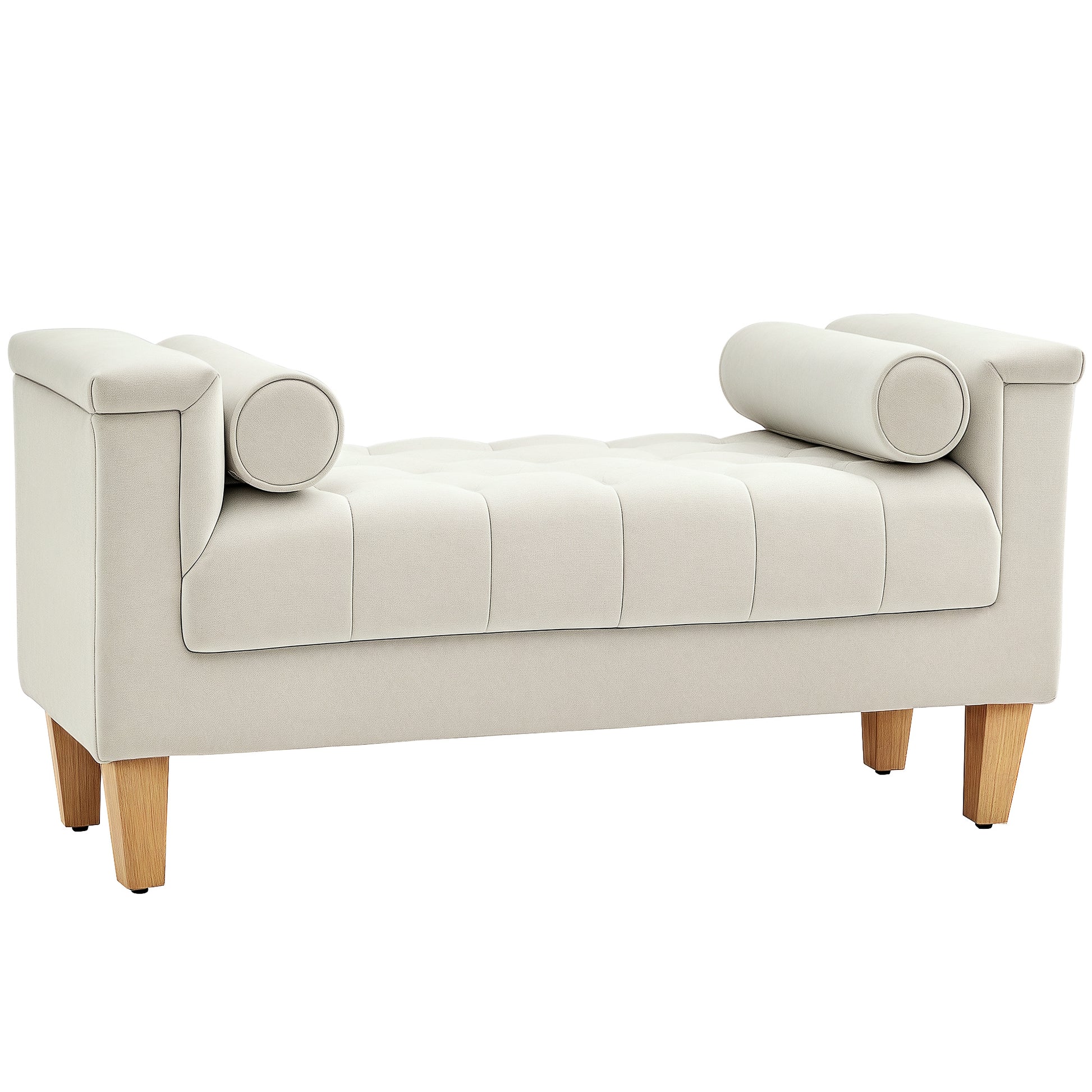 Upholstered Bench with Chenille Fabric, Armrest Bed Bench with 2 Cylinder Cushions, Wood Frame, Shoe Bench for Bedroom, Living Room, Hallway 115 x 44 x 58 cm Beige