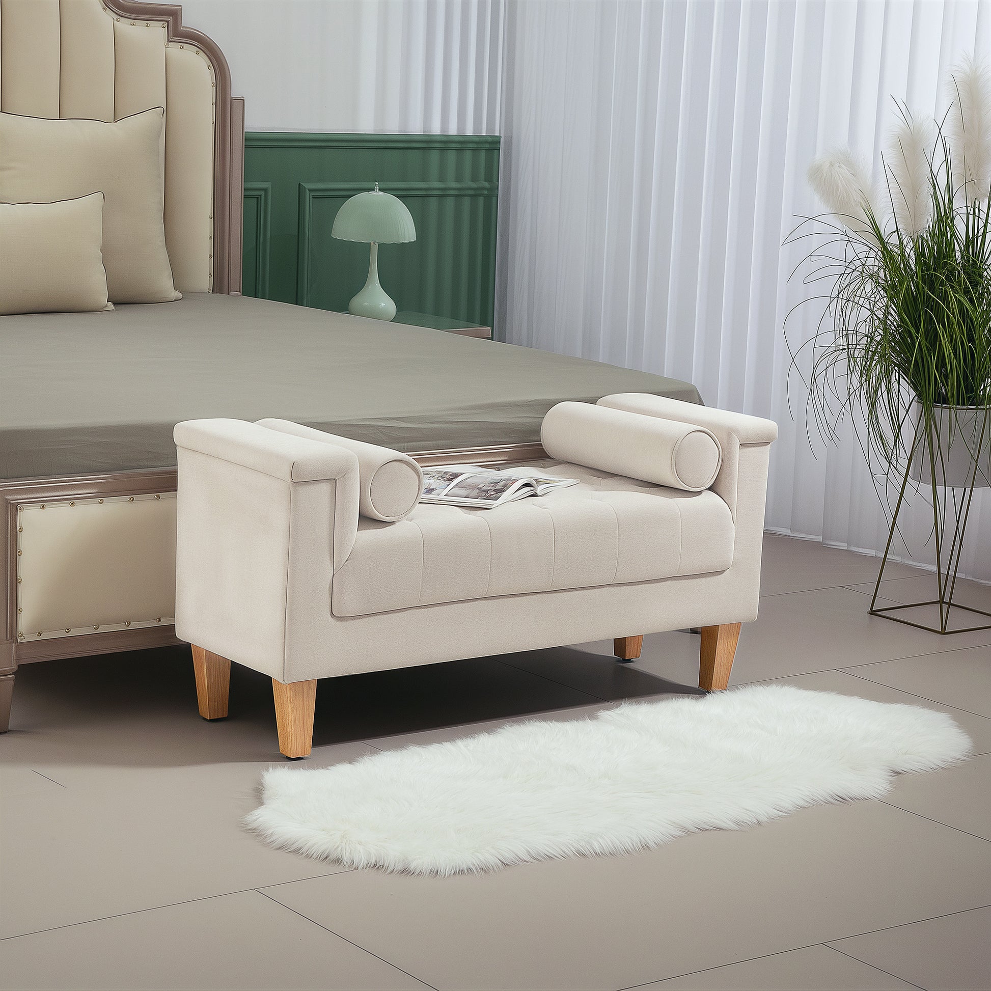 Upholstered Bench with Chenille Fabric, Armrest Bed Bench with 2 Cylinder Cushions, Wood Frame, Shoe Bench for Bedroom, Living Room, Hallway 115 x 44 x 58 cm Beige