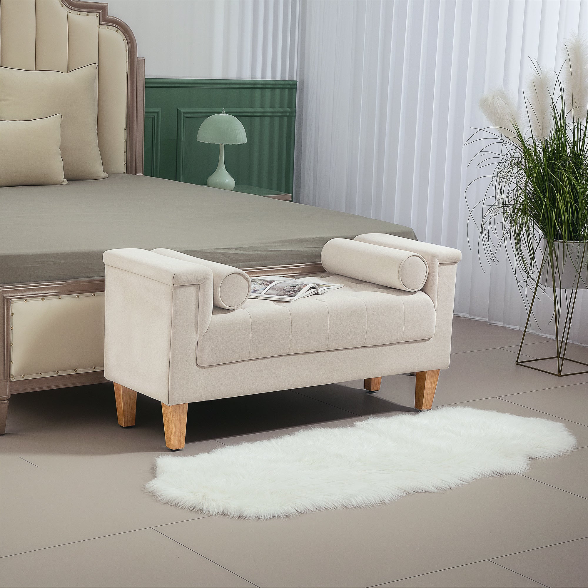 Upholstered Bench with Chenille Fabric, Armrest Bed Bench with 2 Cylinder Cushions, Wood Frame, Shoe Bench for Bedroom, Living Room, Hallway 115 x 44 x 58 cm Beige