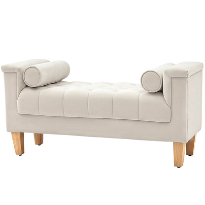 Upholstered Bench with Chenille Fabric, Armrest Bed Bench with 2 Cylinder Cushions, Wood Frame, Shoe Bench for Bedroom, Living Room, Hallway 115 x 44 x 58 cm Beige
