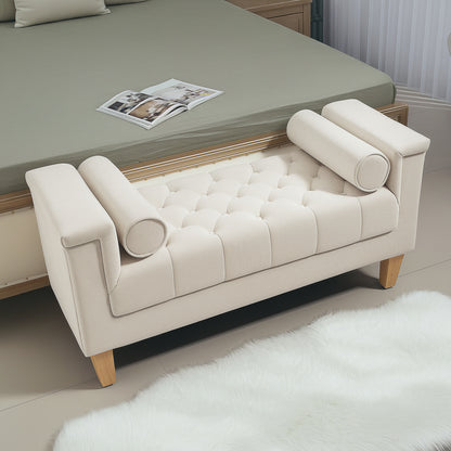 Upholstered Bench with Chenille Fabric, Armrest Bed Bench with 2 Cylinder Cushions, Wood Frame, Shoe Bench for Bedroom, Living Room, Hallway 115 x 44 x 58 cm Beige