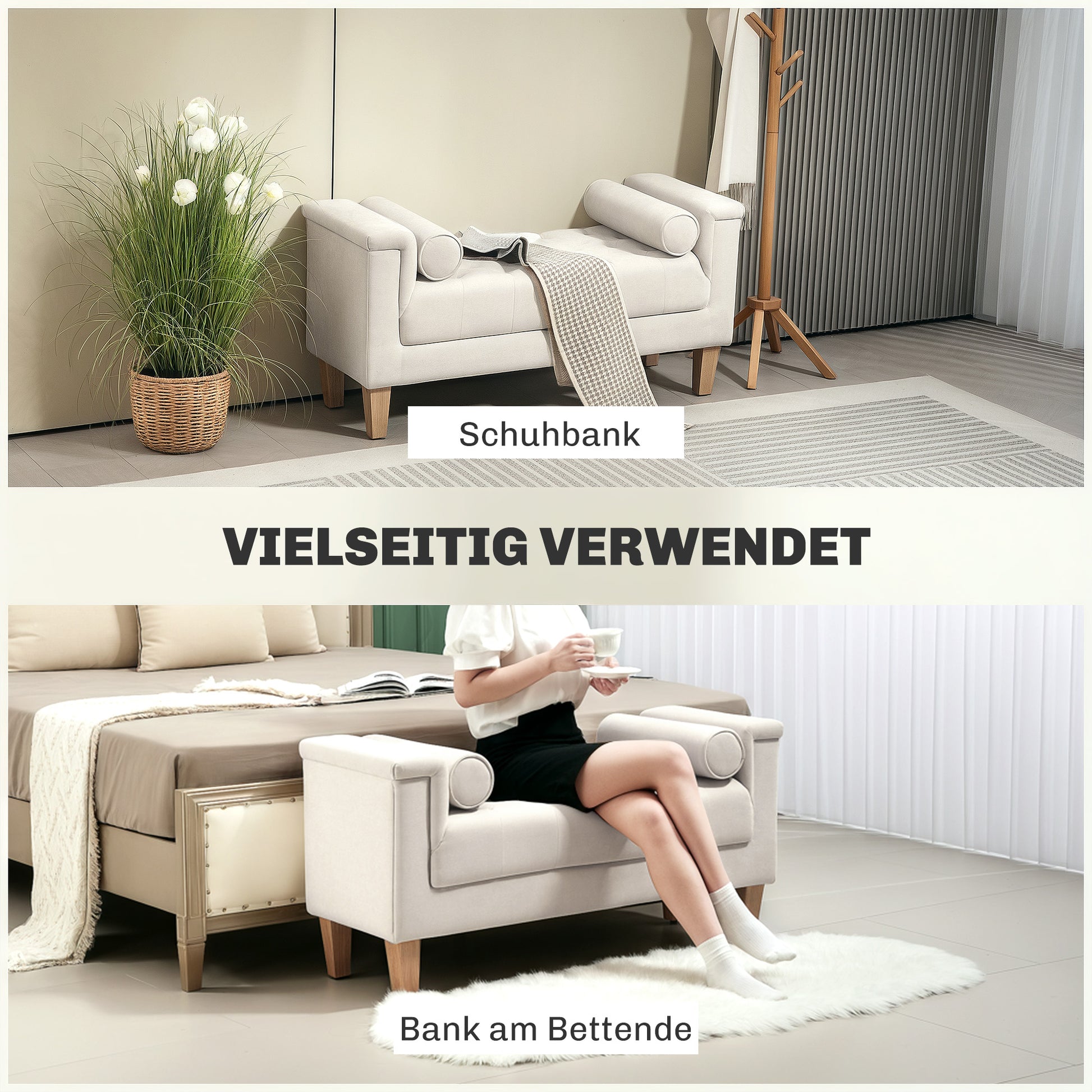Upholstered Bench with Chenille Fabric, Armrest Bed Bench with 2 Cylinder Cushions, Wood Frame, Shoe Bench for Bedroom, Living Room, Hallway 115 x 44 x 58 cm Beige