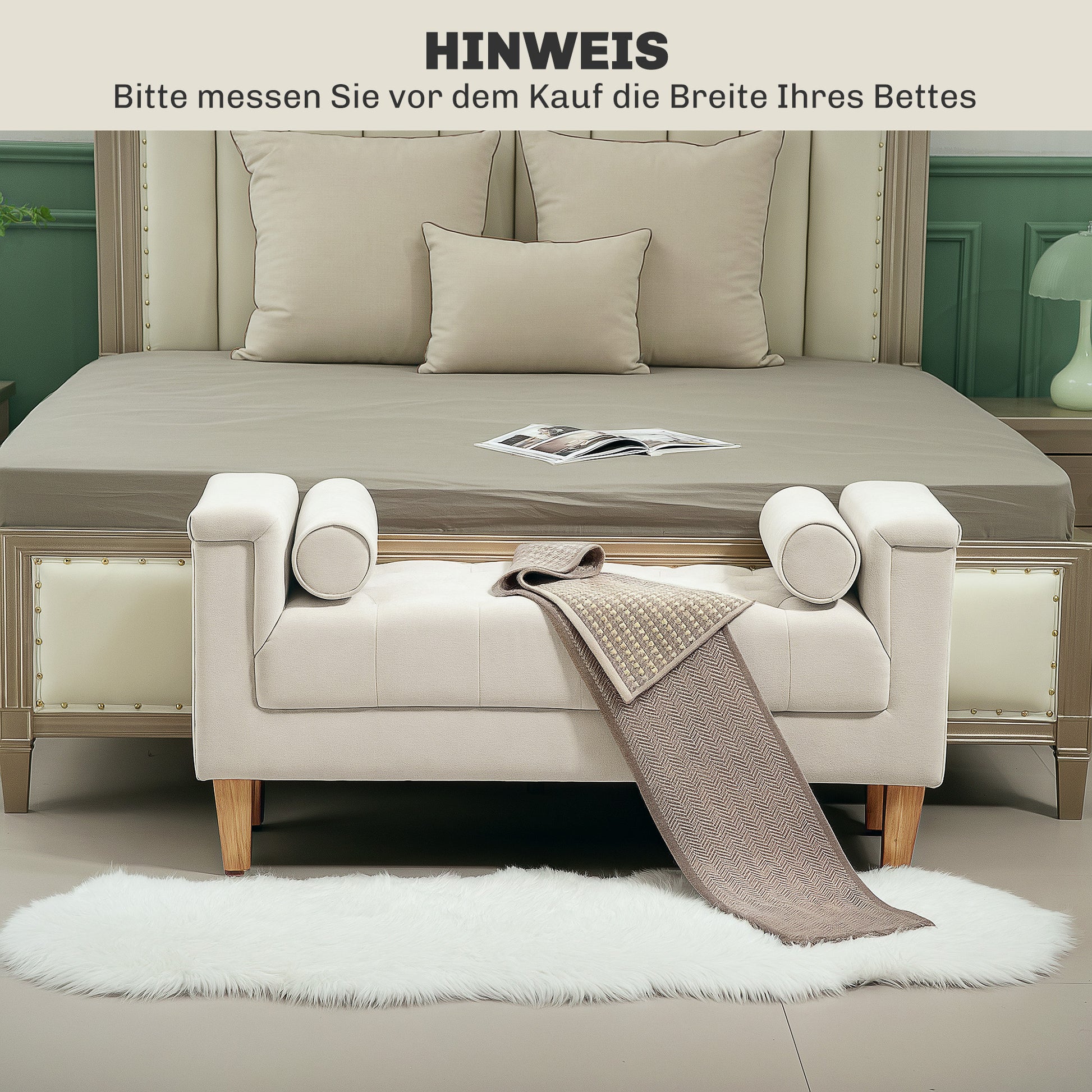 Upholstered Bench with Chenille Fabric, Armrest Bed Bench with 2 Cylinder Cushions, Wood Frame, Shoe Bench for Bedroom, Living Room, Hallway 115 x 44 x 58 cm Beige
