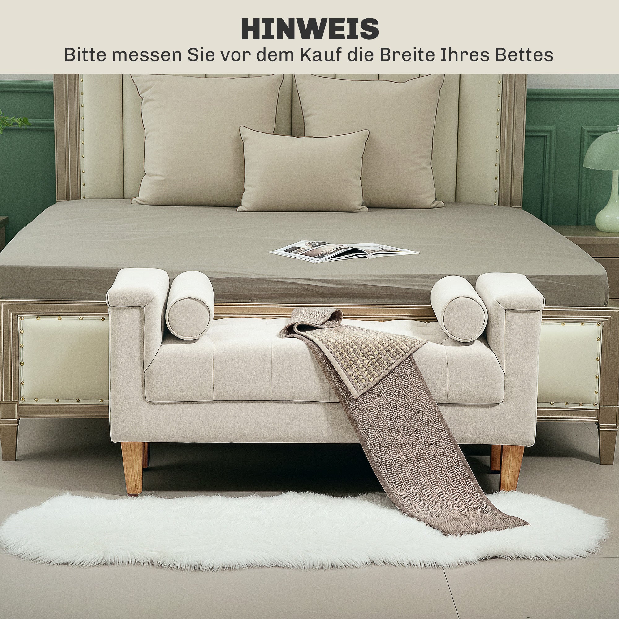 Upholstered Bench with Chenille Fabric, Armrest Bed Bench with 2 Cylinder Cushions, Wood Frame, Shoe Bench for Bedroom, Living Room, Hallway 115 x 44 x 58 cm Beige