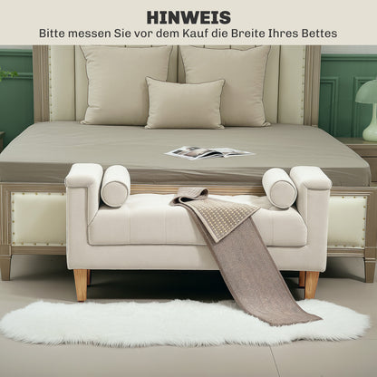 Upholstered Bench with Chenille Fabric, Armrest Bed Bench with 2 Cylinder Cushions, Wood Frame, Shoe Bench for Bedroom, Living Room, Hallway 115 x 44 x 58 cm Beige