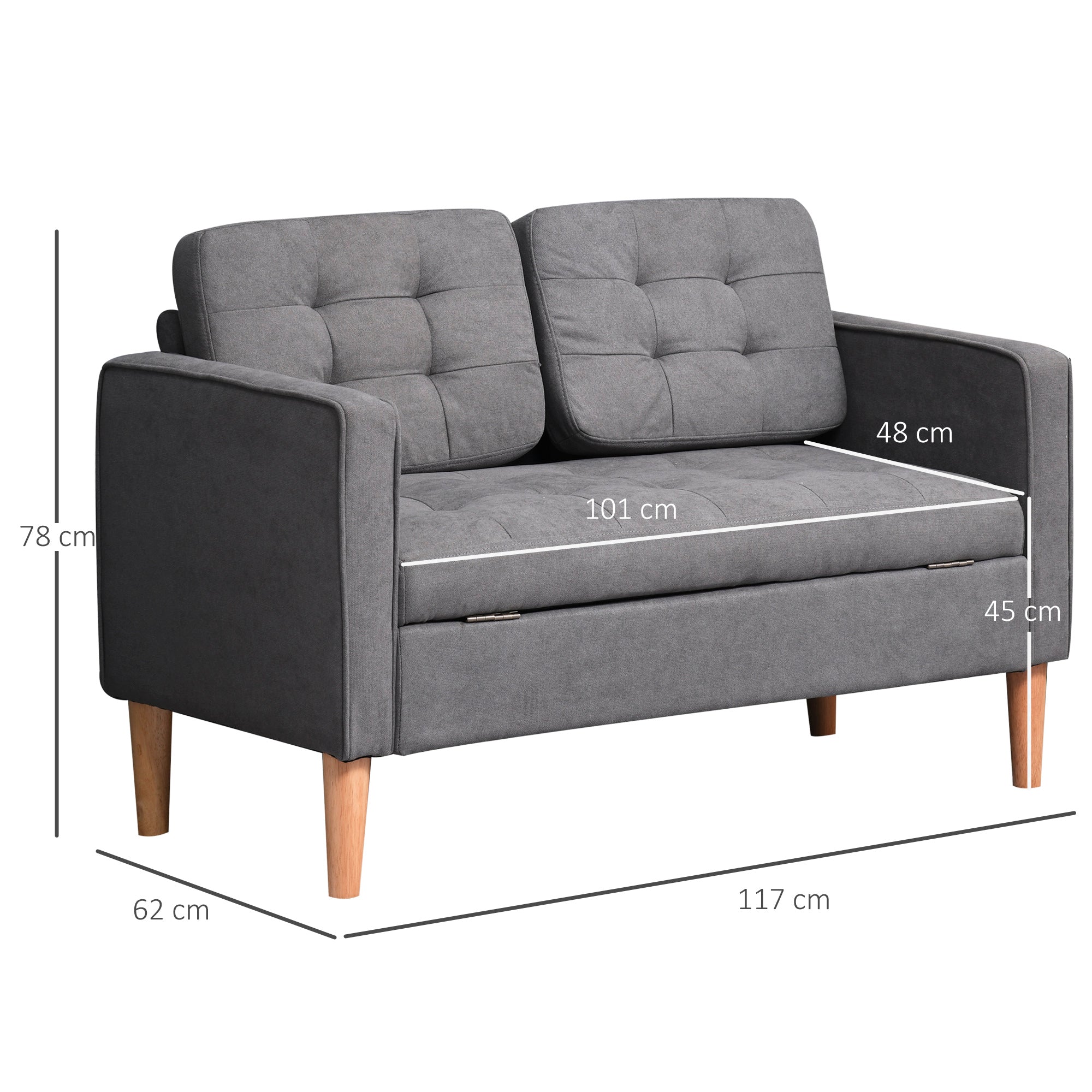 2 Seater Sofa, Couch with Storage, Wooden Legs, Padded Sofa with Velvet Look for Living Room, Bedroom, 117 x 62 x 78 cm, Gray