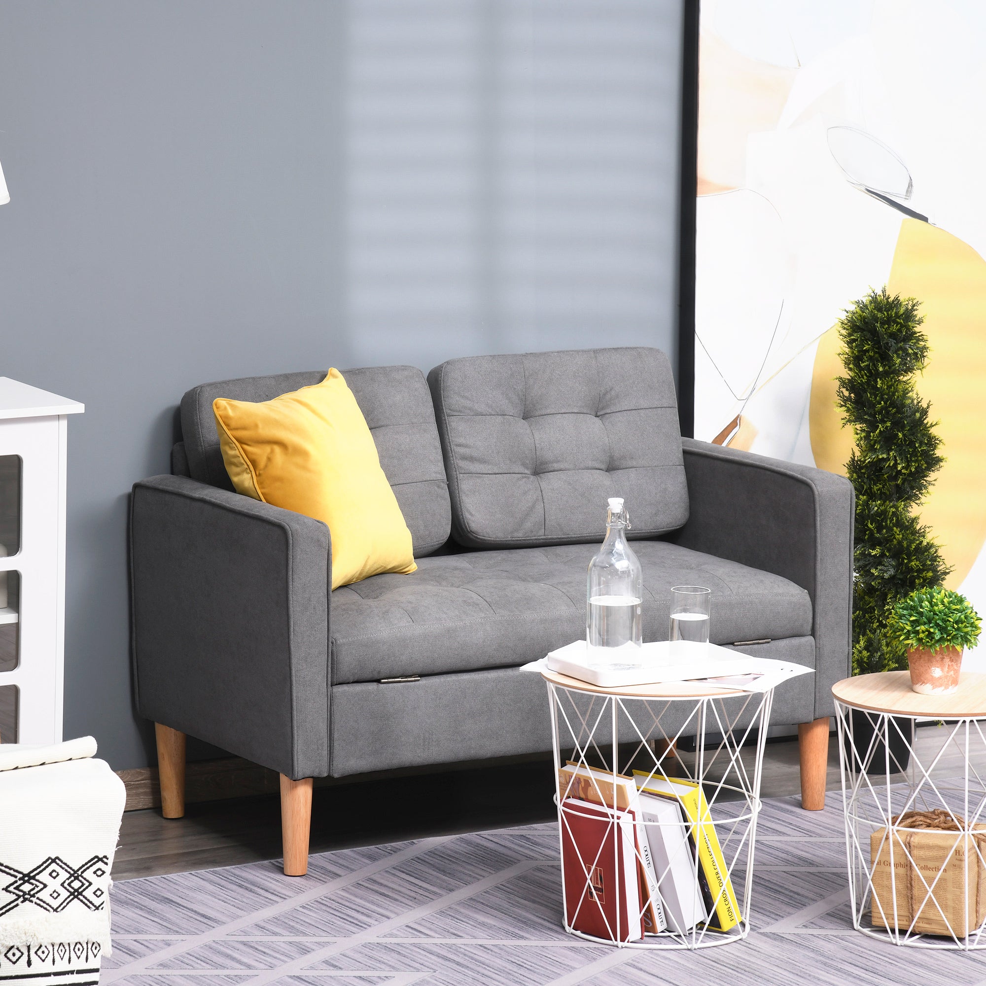 2 Seater Sofa, Couch with Storage, Wooden Legs, Padded Sofa with Velvet Look for Living Room, Bedroom, 117 x 62 x 78 cm, Gray